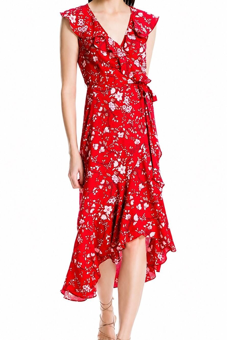 Max Studio Floral Ruffle Wrap Maxi Dress Red Pink High Low Size XL